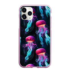 Чехол для iPhone 11 Pro Max матовый Фиолетовые и бирюзовые медузы - паттерн на черном