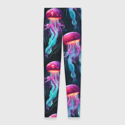Леггинсы 3D Фиолетовые и бирюзовые медузы - паттерн на черном