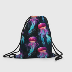 Рюкзак-мешок 3D Фиолетовые и бирюзовые медузы - паттерн на черном
