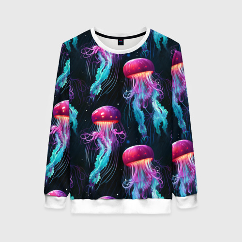 Женский свитшот 3D Фиолетовые и бирюзовые медузы - паттерн на черном, цвет 3D печать