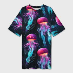 Платье-футболка 3D Фиолетовые и бирюзовые медузы - паттерн на черном