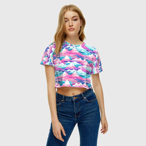 Женская футболка Crop-top 3D Розовые и голубые горы - паттерн, цвет 3D печать - фото 3