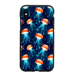 Чехол для iPhone XS Max матовый Оранжевые медузы на темно-синем - паттерн