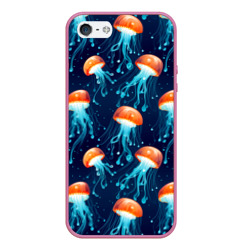 Чехол для iPhone 5/5S матовый Оранжевые медузы на темно-синем - паттерн