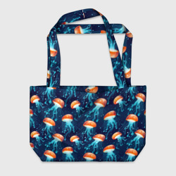 Пляжная сумка 3D Оранжевые медузы на темно-синем - паттерн