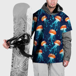 Накидка на куртку 3D Оранжевые медузы на темно-синем - паттерн
