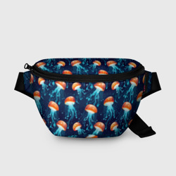 Поясная сумка 3D Оранжевые медузы на темно-синем - паттерн