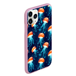 Чехол для iPhone 11 Pro Max матовый Оранжевые медузы на темно-синем - паттерн - фото 2