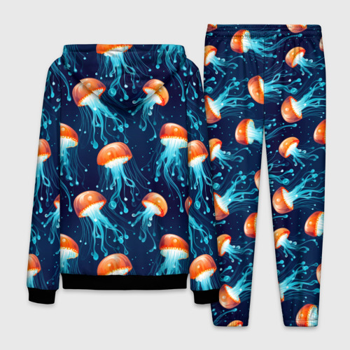 Мужской 3D костюм с принтом Оранжевые медузы на темно-синем - паттерн, вид сзади #1