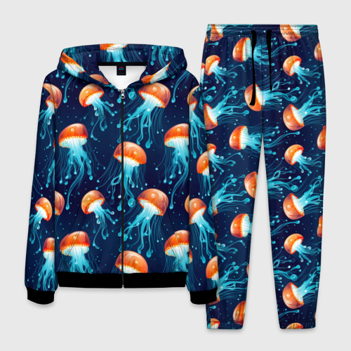 Мужской 3D костюм с принтом Оранжевые медузы на темно-синем - паттерн, вид спереди #2