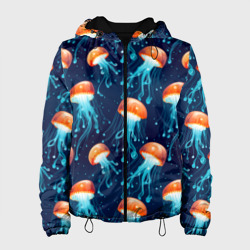 Женская куртка 3D Оранжевые медузы на темно-синем - паттерн