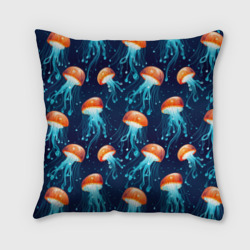 Подушка 3D Оранжевые медузы на темно-синем - паттерн