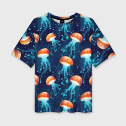 Женская футболка oversize 3D Оранжевые медузы на темно-синем - паттерн