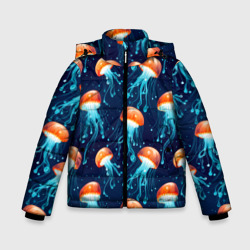 Зимняя куртка для мальчиков 3D Оранжевые медузы на темно-синем - паттерн