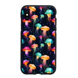 Чехол для iPhone XS Max матовый Разноцветные неоновые медузы - паттерн