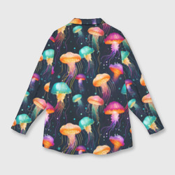Рубашка с принтом Разноцветные неоновые медузы - паттерн для любого человека, вид сзади №1. Цвет основы: белый