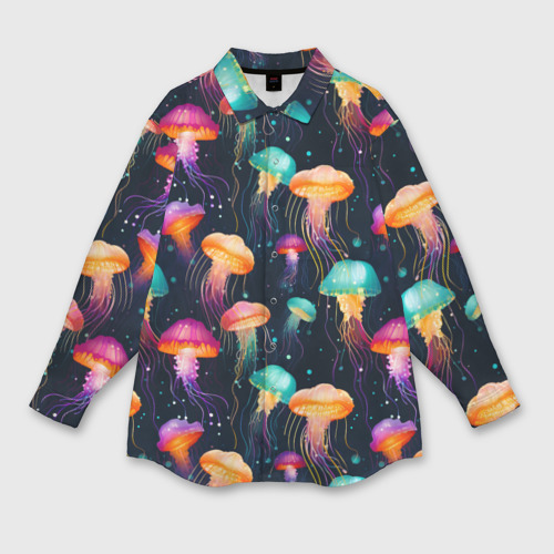 Мужская рубашка оверсайз с принтом Разноцветные неоновые медузы - паттерн, вид спереди №1