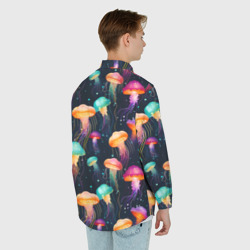 Рубашка с принтом Разноцветные неоновые медузы - паттерн для любого человека, вид сзади №2. Цвет основы: белый