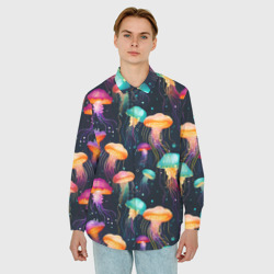 Рубашка с принтом Разноцветные неоновые медузы - паттерн для любого человека, вид спереди №2. Цвет основы: белый