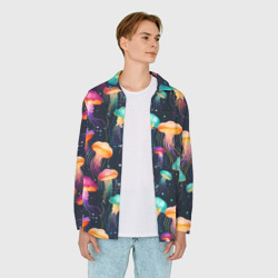 Рубашка с принтом Разноцветные неоновые медузы - паттерн для любого человека, вид спереди №3. Цвет основы: белый