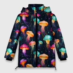 Женская зимняя куртка Oversize Разноцветные неоновые медузы - паттерн