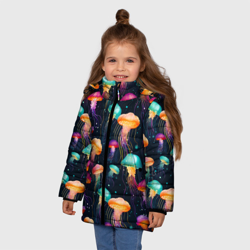 Зимняя куртка для девочек 3D Разноцветные неоновые медузы - паттерн, цвет черный - фото 3