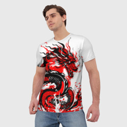 Мужская футболка 3D Дракон чернилами на белом фоне - фото 2