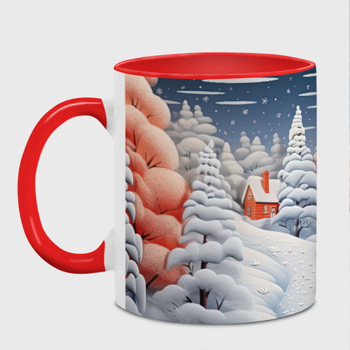 Кружка с полной запечаткой Новогодний  снежный  лес, цвет белый + красный - фото 2