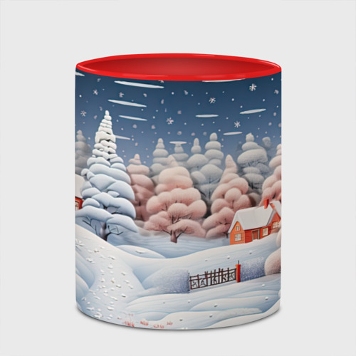 Кружка с полной запечаткой Новогодний  снежный  лес, цвет белый + красный - фото 4