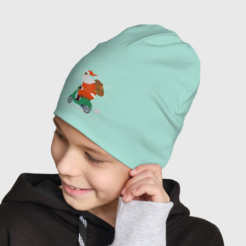Детская шапка демисезонная Дед Мороз на мопеде, цвет мятный - фото 4