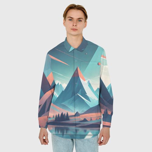Мужская рубашка oversize 3D с принтом Горное озеро облака, фото на моделе #1