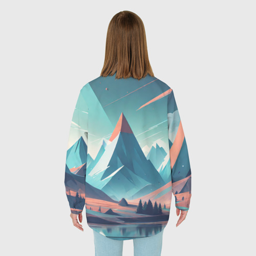 Женская рубашка oversize 3D с принтом Горное озеро облака, вид сзади #2