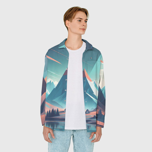 Мужская рубашка oversize 3D с принтом Горное озеро облака, вид сбоку #3