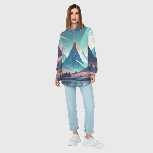 Женская рубашка oversize 3D с принтом Горное озеро облака, вид сбоку #3