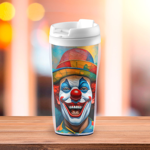 Термокружка-непроливайка Нейросеть - Хэллоуин безумный клоун, цвет белый - фото 3