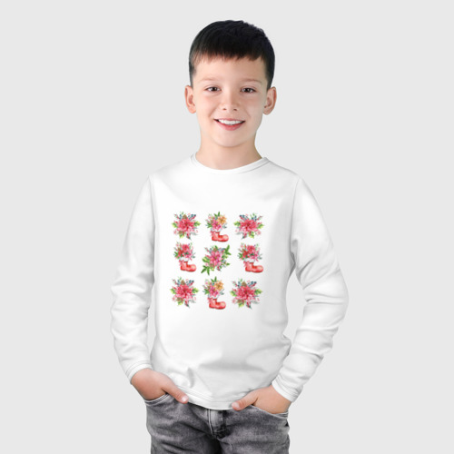 Детский лонгслив хлопок с принтом Новогодние цветы - пуансеттия, фото на моделе #1