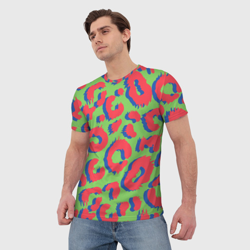 Мужская футболка 3D с принтом Цветной современный леопард, фото на моделе #1