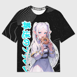 Женская футболка oversize 3D Фрирен кушает пончик