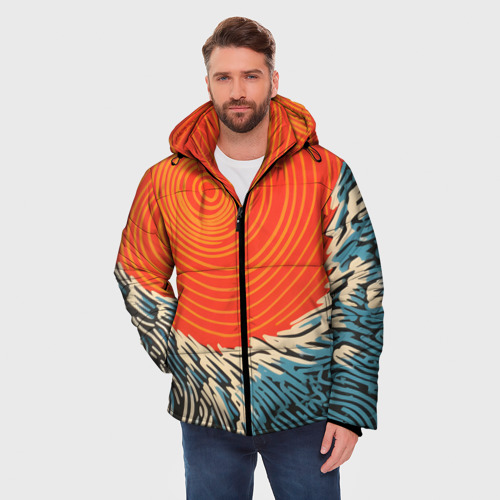 Мужская зимняя куртка 3D с принтом Графичное солнце, фото на моделе #1