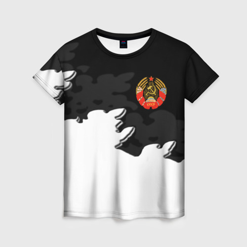 Женская футболка 3D с принтом СССР чернобелый стиль, вид спереди #2