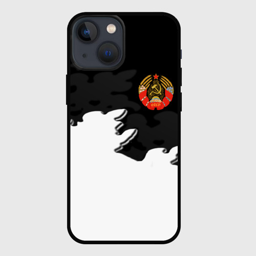 Чехол для iPhone 13 mini с принтом СССР чернобелый стиль, вид спереди #2