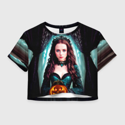 Женская футболка Crop-top 3D Девушка ведьма королева с тыквой