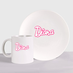 Набор: тарелка + кружка Диана в стиле барби - объемный шрифт 