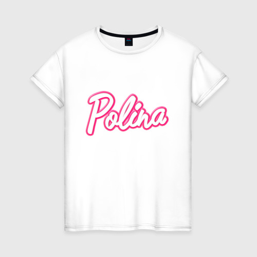 Женская футболка из хлопка с принтом Полина в стиле Барби - объемный шрифт, вид спереди №1