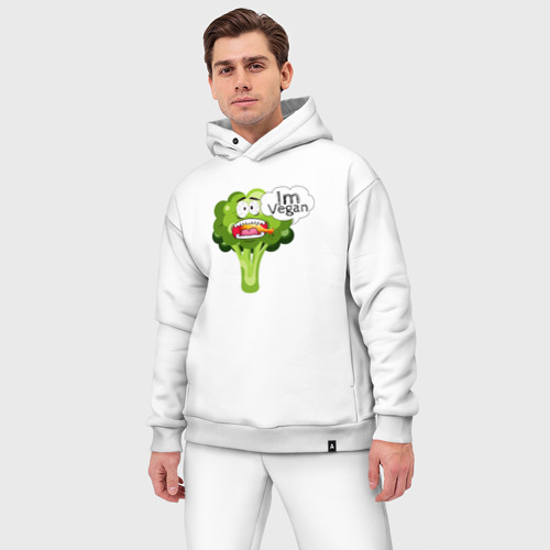 Мужской костюм oversize хлопок с принтом I'm vegan broccoli, фото на моделе #1