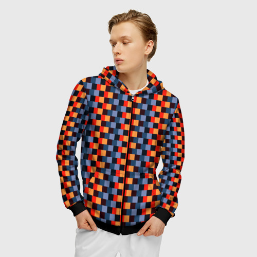 Мужская толстовка 3D на молнии с принтом Сине-оранжевые квадратики-пиксели, фото на моделе #1