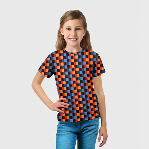 Детская футболка 3D Сине-оранжевые квадратики-пиксели, цвет 3D печать - фото 5