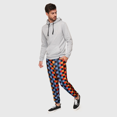 Мужские брюки 3D с принтом Сине-оранжевые квадратики-пиксели, фото на моделе #1