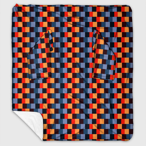 Плед с рукавами с принтом Сине-оранжевые квадратики-пиксели, вид спереди #2