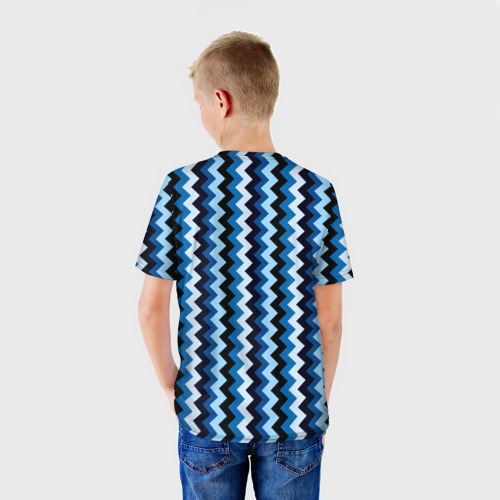 Детская футболка 3D с принтом Ломаные полосы синий, вид сзади #2